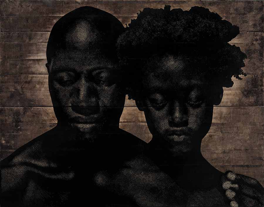 Alexis Peskine, Power, 2017. Moon gold leaf on nails, earth, coffee, water and acrylic on wood, 195 x 250 cm. 