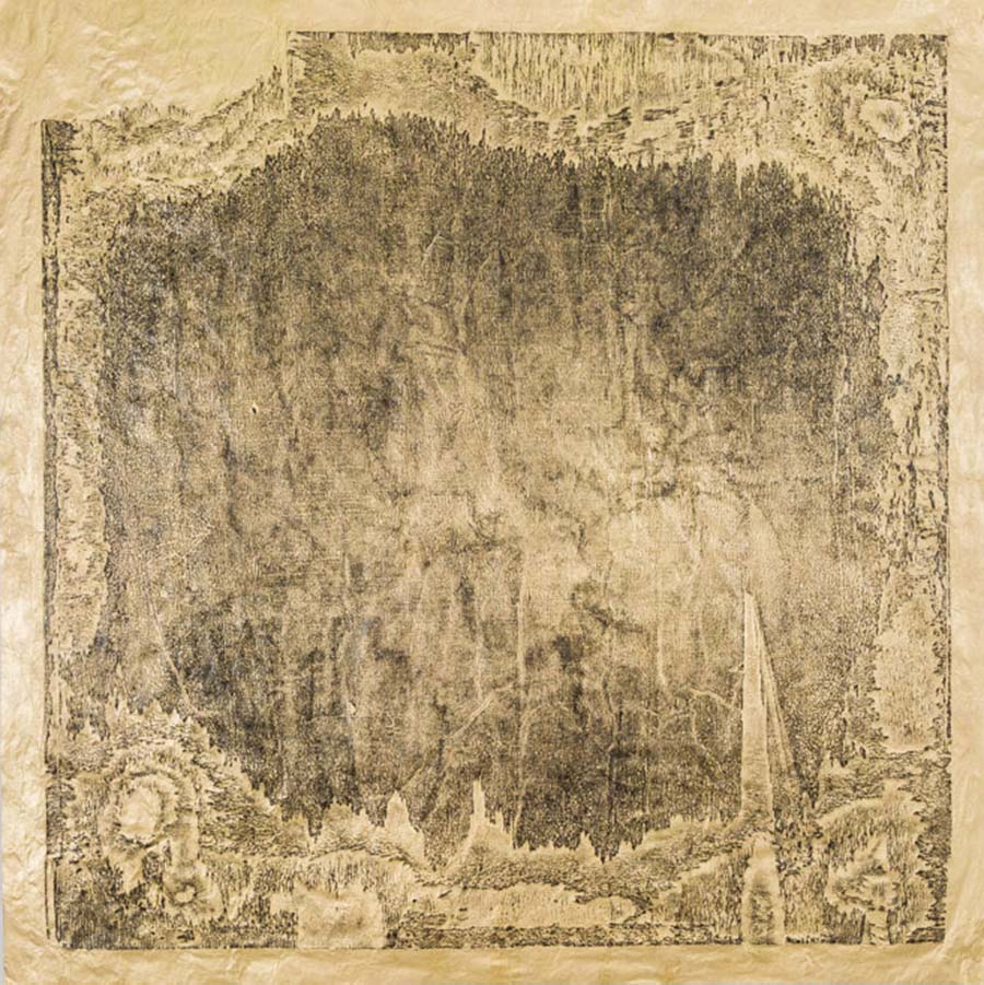 El Anatsui, Untitled (Black on Gold), 2019. Taku-hon rubbing on gold leaf coated Gasenshi paper, 135 x 135 cm. Ed. of 5. El Anatsui, Untitled (Black on Gold), 2019. Taku-hon rubbing on gold leaf coated Gasenshi paper, 135 x 135 cm. Ed. of 5.