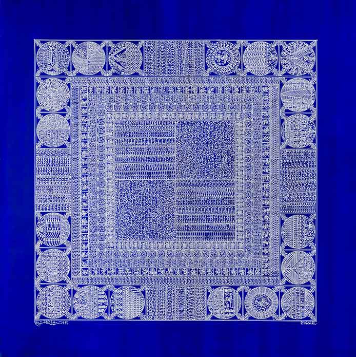 Rachid Koraïchi, Les ailes bleues des Anges, 2022. Acrylic on canvas, 150 x 150 cm. Photo: Oak Taylor-Smith Rachid Koraïchi, Les ailes bleues des Anges, 2022. Acrylic on canvas, 150 x 150 cm. Photo: Oak Taylor-Smith