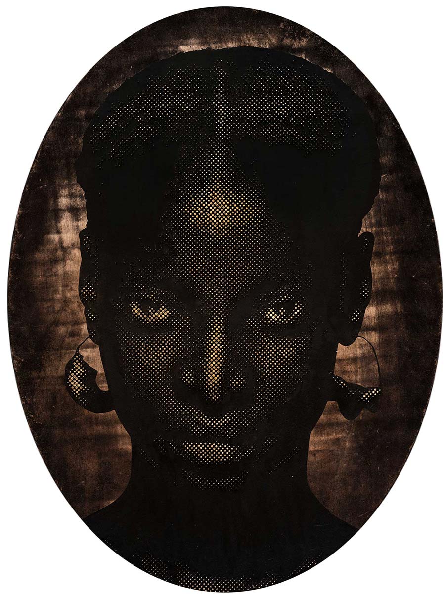 Alexis Peskine, Safara (Fire/Hell), 2020. Gold leaf, nails, coffee and earth on lumber core wood,150 x 110 cm. Alexis Peskine, Safara (Fire/Hell), 2020. Gold leaf, nails, coffee and earth on lumber core wood,150 x 110 cm.