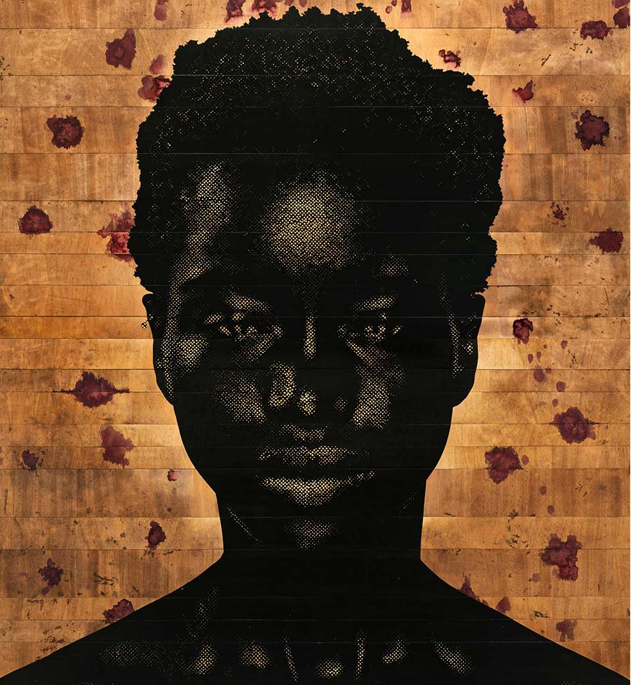 Alexis Peskine, Sequita, 2020. Red gold leaf, nails, Havana Ochre, coffee, earth and hibiscus on lumber core wood, 220 x 198 cm. Alexis Peskine, Sequita, 2020. Red gold leaf, nails, Havana Ochre, coffee, earth and hibiscus on lumber core wood, 220 x 198 cm.