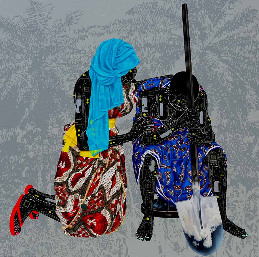 Eddy Kamuanga llunga, Rêve Brisé, 2017. Acrylic and oil on cancas, 150 x 150 cm. 