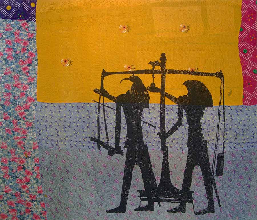 Shezad Dawood, Come, sweet Death, with madness marked and end the sceneless revelry, 2012. Acrylic on vintage textile, 145 x 170 cm.. Courtesy of Shezad Dawood Studio Shezad Dawood, Come, sweet Death, with madness marked and end the sceneless revelry, 2012. Acrylic on vintage textile, 145 x 170 cm.. Courtesy of Shezad Dawood Studio