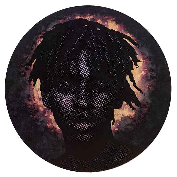 Alexis Peskine, Ebandeli, 2023. Purple Japanese oxidised silver leaf, nails, black pigment and red hibiscus on wood, 120 x 120 cm. Alexis Peskine, Ebandeli, 2023. Purple Japanese oxidised silver leaf, nails, black pigment and red hibiscus on wood, 120 x 120 cm.