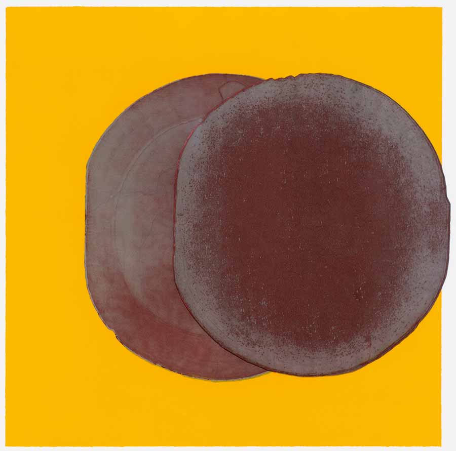 El Anatsui, Untitled (Carmine Eclipse), ed. 1/3, 2016. Intaglio print with collage and chine-collé, 85 x 85 cm. El Anatsui, Untitled (Carmine Eclipse), ed. 1/3, 2016. Intaglio print with collage and chine-collé, 85 x 85 cm.