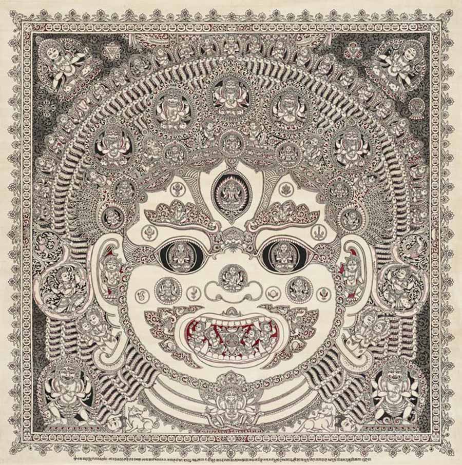 Gyankar Vajracharya, Mask of Bhairava, 2007. Fabric paint on cotton, 67 x 66 cm. Gyankar Vajracharya, Mask of Bhairava, 2007. Fabric paint on cotton, 67 x 66 cm.