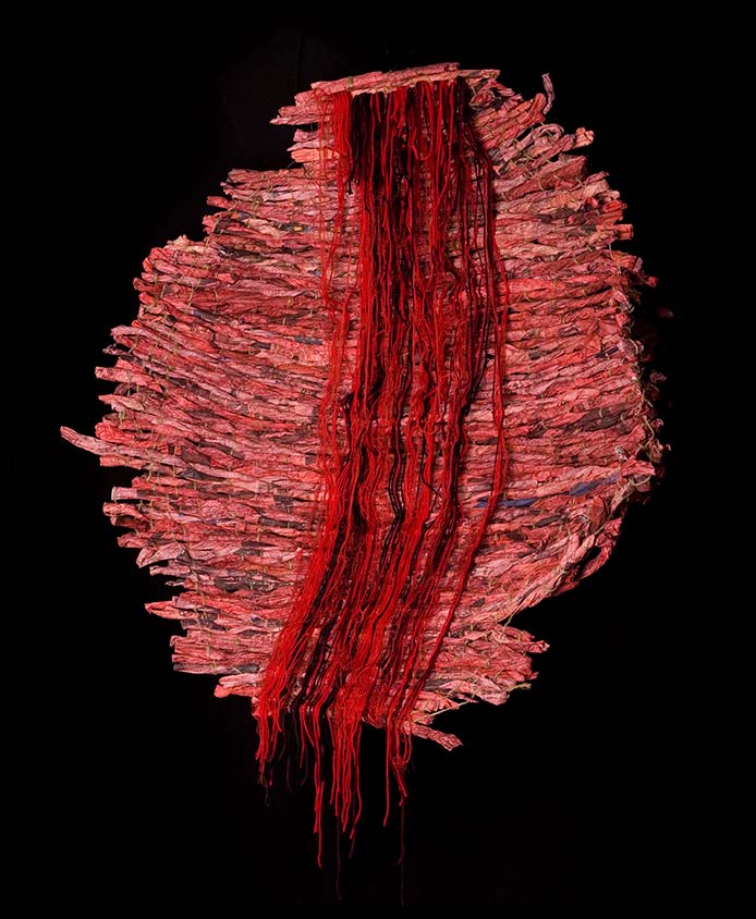 Nnenna Okore, Shield Me, 2008. Newspaper, acrylic colour, starch, yarn and rope, 145 x 137 x 28 cm. Nnenna Okore, Shield Me, 2008. Newspaper, acrylic colour, starch, yarn and rope, 145 x 137 x 28 cm.