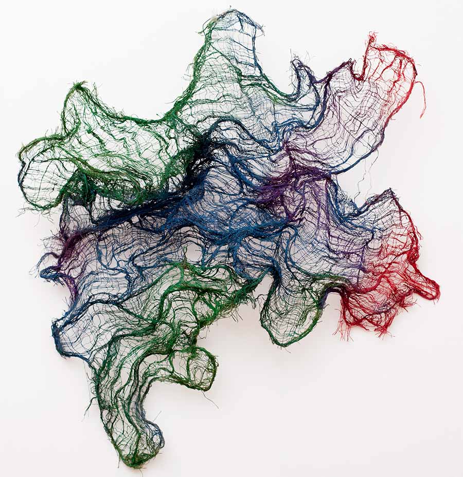 Nnenna Okore, Everything Good Shall Come to Pass, 2014. Burlap, dye, wire and acrylic, 153 x 183 x 31 cm. Nnenna Okore, Everything Good Shall Come to Pass, 2014. Burlap, dye, wire and acrylic, 153 x 183 x 31 cm.