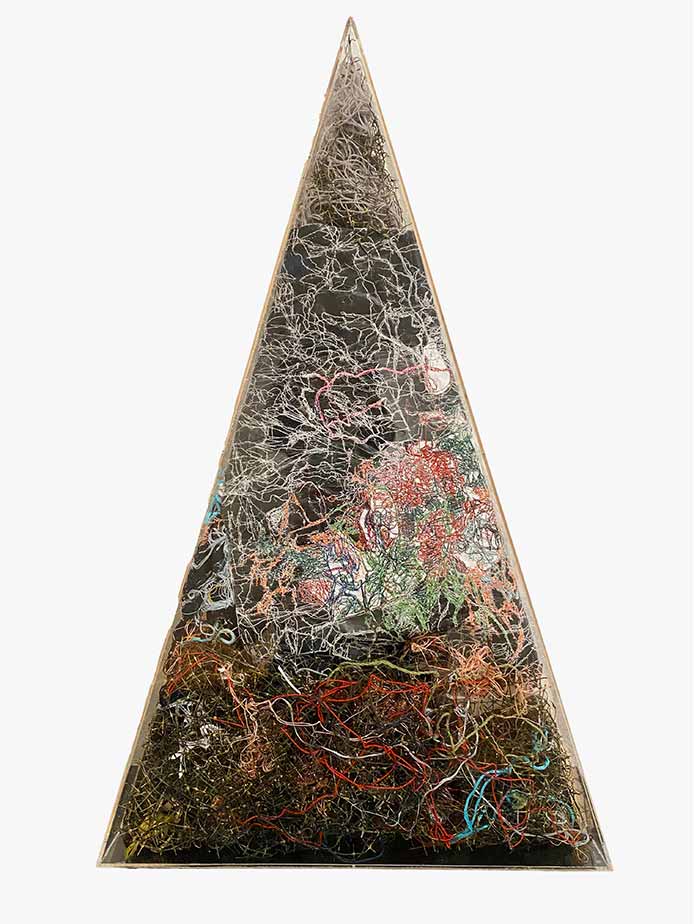 Susanne Kessler, The Unattainable Summit, 2024. Embroidery on cotton fabric, mesh, thread, paper cut-outs in perspex triangle, 71 x 43.5 cm. 