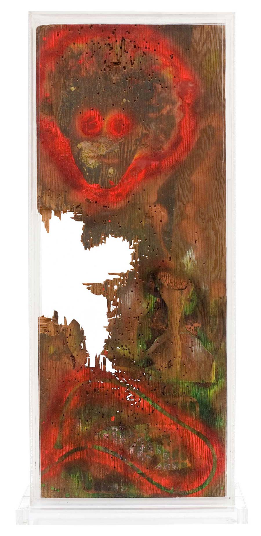William S. Burroughs, Ten Gauge City, 1988. House paint on wood panel with gunshot holes in a plexi-glass case, 102 x 46 x 18 cm. William S. Burroughs, Ten Gauge City, 1988. House paint on wood panel with gunshot holes in a plexi-glass case, 102 x 46 x 18 cm.