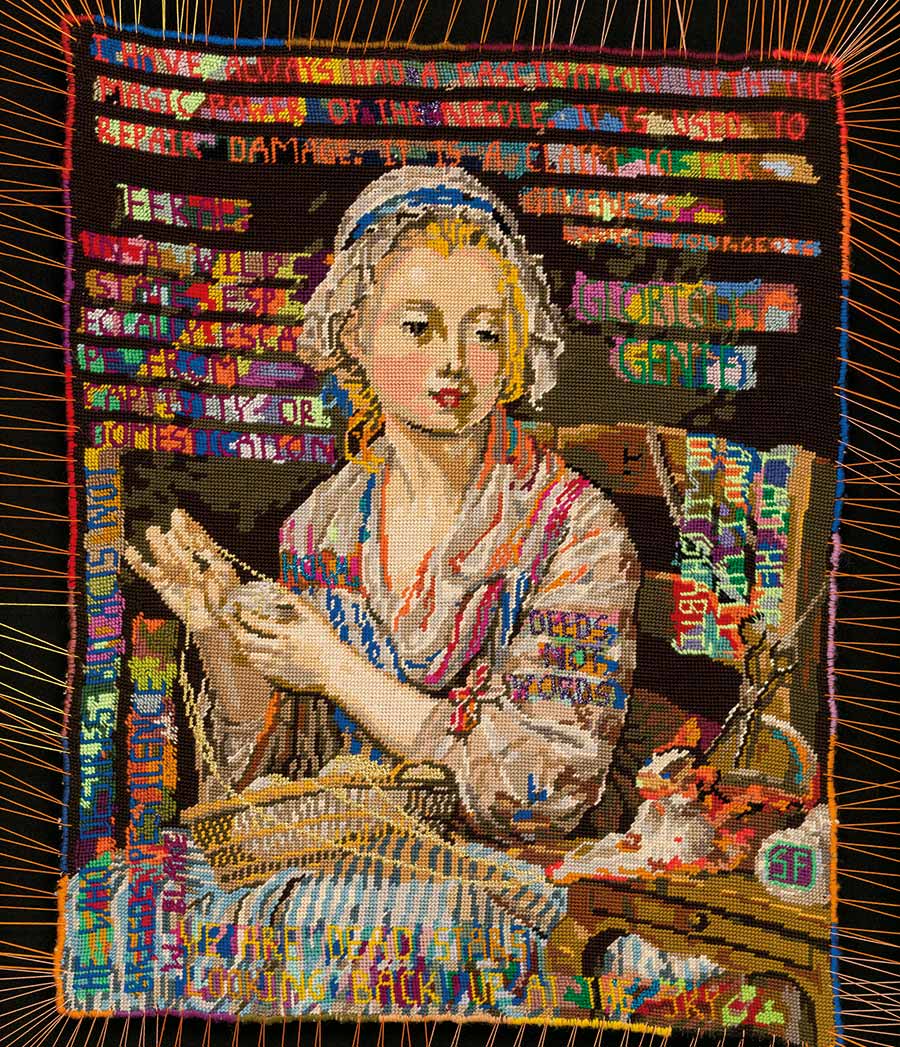 Sylvie Franquet, Oh no, honey, I’m an angel, I swear, 2015. Wool, acrylic and lurex on cotton canvas sewn into ash frame, 86 x 67 cm. Sylvie Franquet, Oh no, honey, I’m an angel, I swear, 2015. Wool, acrylic and lurex on cotton canvas sewn into ash frame, 86 x 67 cm.