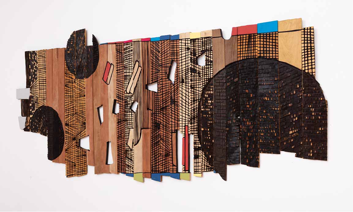 El Anatsui, Untitled, 2024. Tropical hardwood and tempera, 148 x 335 cm. 