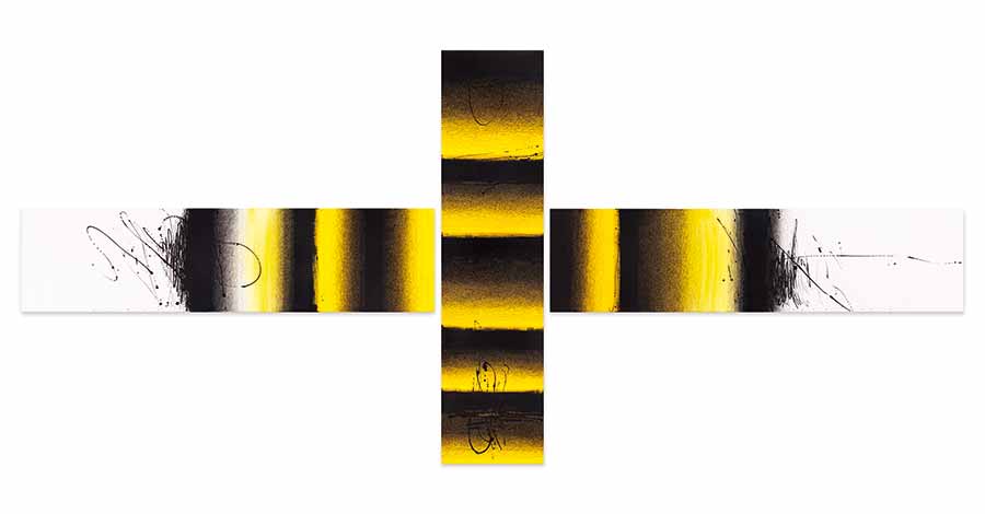 Golnaz Fathi, Untitled (34), 2014. Triptych - Acrylic, pen, and varnish on canvas, 180 x 405 x 5 cm. Golnaz Fathi, Untitled (34), 2014. Triptych - Acrylic, pen, and varnish on canvas, 180 x 405 x 5 cm.