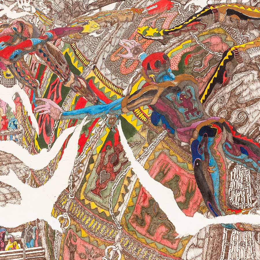 <strong>Julien Sinzogan</strong>, <em>Dechainage</em>, 2012.
Coloured inks on paper, 111 x 130.5 cm.