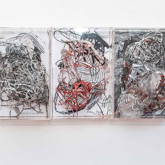 Susanne Kessler, Triptych Synaptic Drawing, 2014. Mixed media, paper, canvas, string, wire, netting, graphite, ink, 37 x 74 cm.
