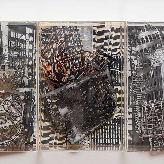 <strong>Susanne Kessler</strong>, <em>Aggregations</em>, 2010. Paper, thread, ink, acrylic on wood, perspex (Triptych), 37 x 74 x 16.5 cm.