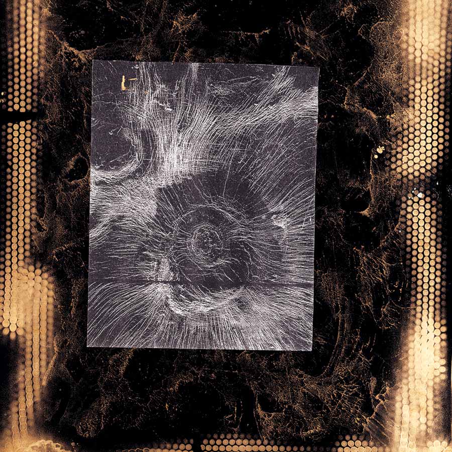 <strong>William S. Burroughs</strong>,<em>Venus Rising like a Kansas Sunflower</em>, ca. 1990.
<br>Spray paint and photocopy 
on Cadillac paper,
58.4 x 44.5 cm.<br>
Photo: Jon Blumb, courtesy of IMMA.