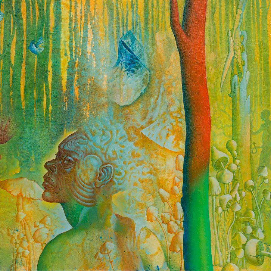 <strong>Rafael Trelles</strong>, <em>El señor de los hongos (Lord of the Mushrooms)</em> (detail), 2020. Oil on linen, 91.5 x 122 cm.