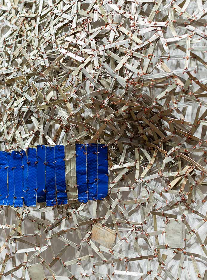 El Anatsui, Continents in Gestation (detail), 2024. Aluminium and copper wire, 240 x 530 cm. 