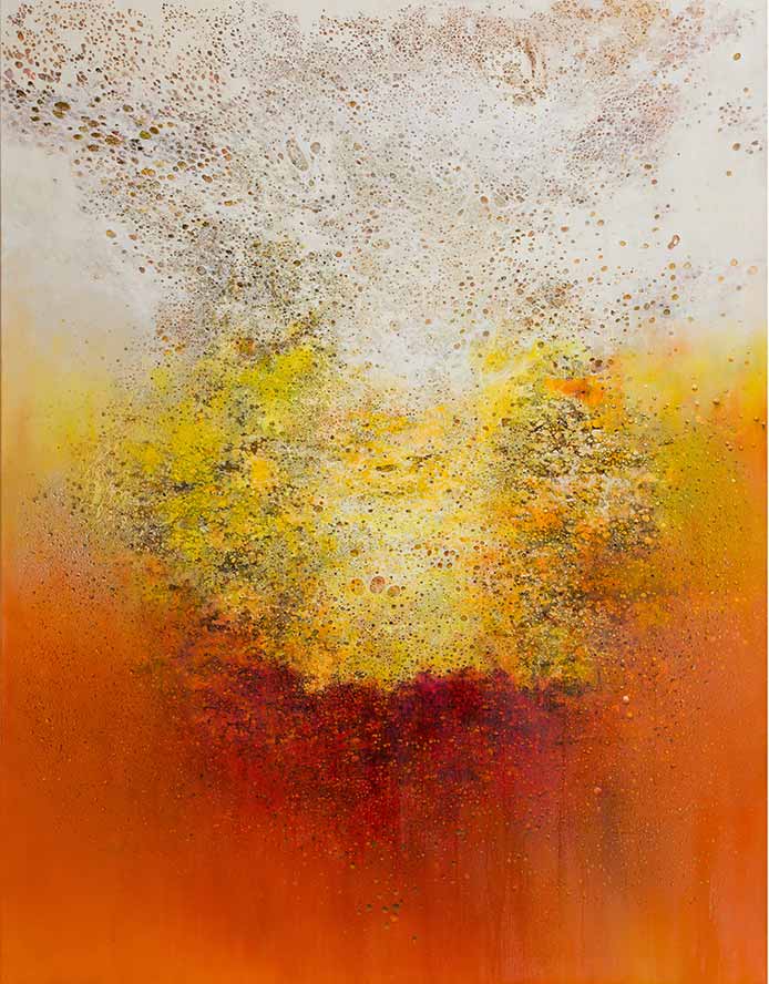 Govinda Sah 'Azad', Incandescence, 2025. Tropical hardwood and tempera, Acrylic on canvas, 180 x 140 cm.  Govinda Sah 'Azad', Incandescence, 2025. Tropical hardwood and tempera, Acrylic on canvas, 180 x 140 cm.