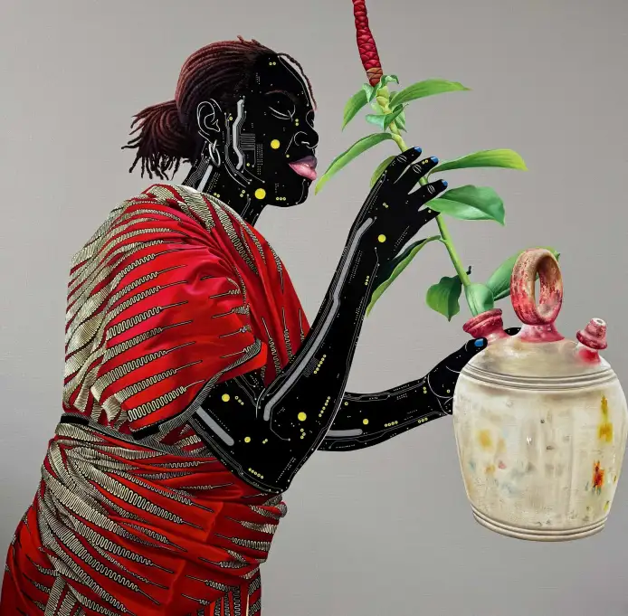 Eddy Kamuanga Ilunga, Gardiennes, 2025.Acrylic and oil on canvas. 120 x 120 cm. 