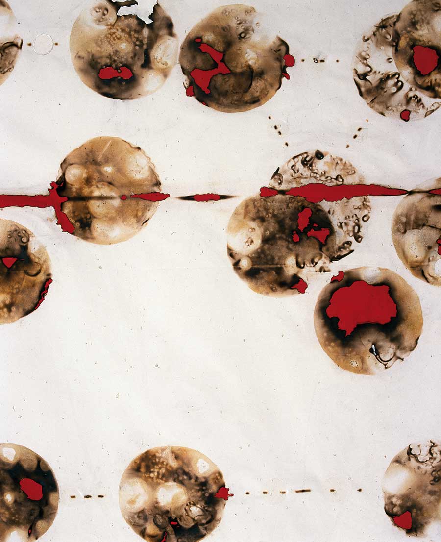 Sandile Zulu, Planetary Conception 5 (detail), 2005. Fire, water, air and cotton fabric on canvas 149 x 298 cm. 