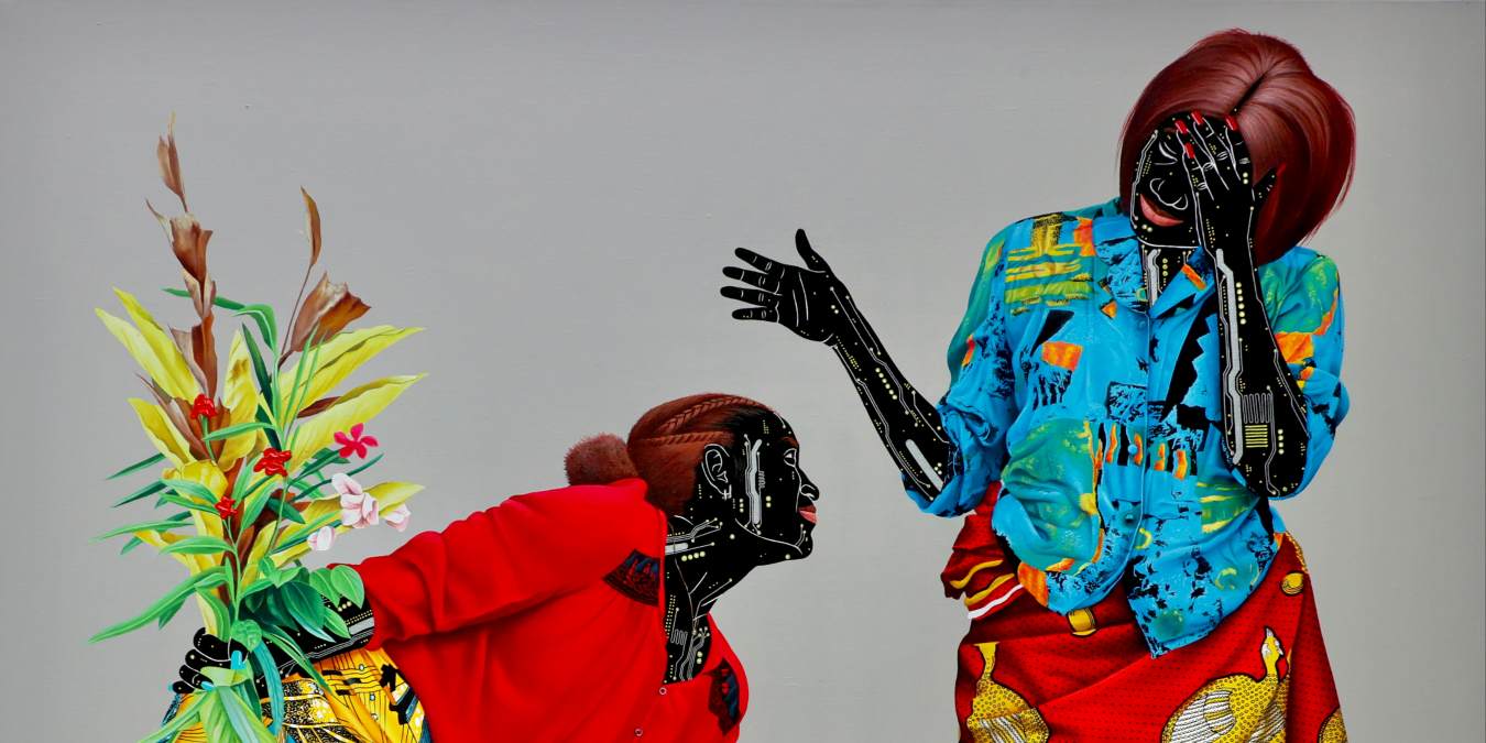 Eddy Kamuanga Ilunga, Displacing the Living, 2025. Acrylic and oil on canvas, 150 x 150 cm.