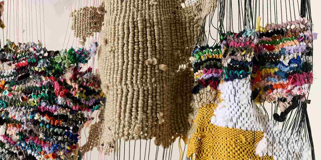 Bev Butkow, never static (detail), 2022. Wool, dressmaking scraps, string, ribbon, twine, copper rod, time and labour. Made with Thandiswa Maxinyane and Danily Hunga., 170 x 250 cm.