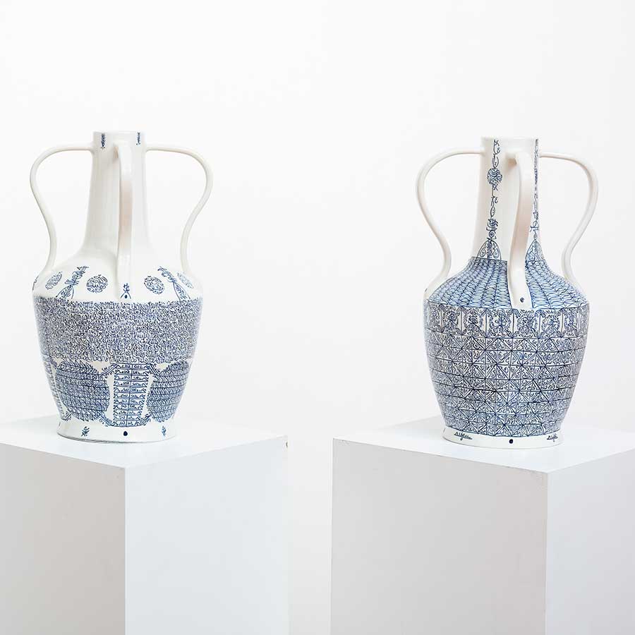 <strong>Rachid Koraïchi</strong>, from the series <em>Lachrymatoires Bleues - Blue Lachrymatory Vases</em>, 2020. Ceramic with cobalt oxide glaze, 51 x 32 x 32 cm each.