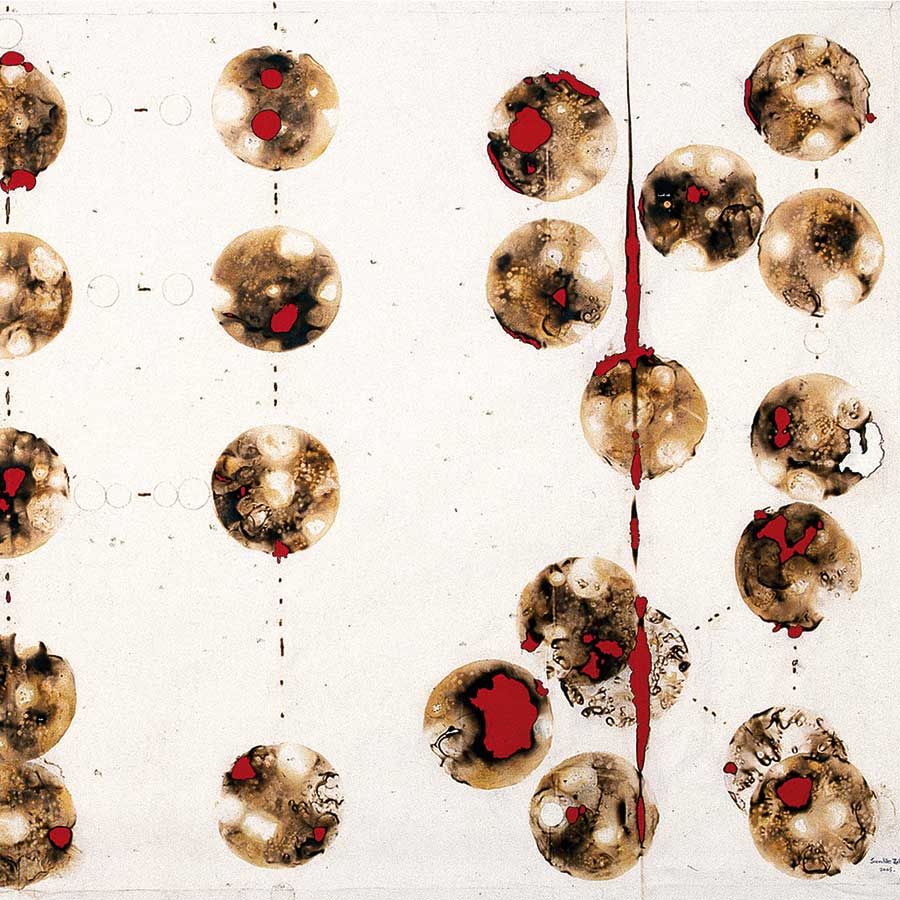 Sandile Zulu, Planetary Conception 5,- Fire, water, air and cotton fabric on canvas, 2005, 149 x 350 cm.