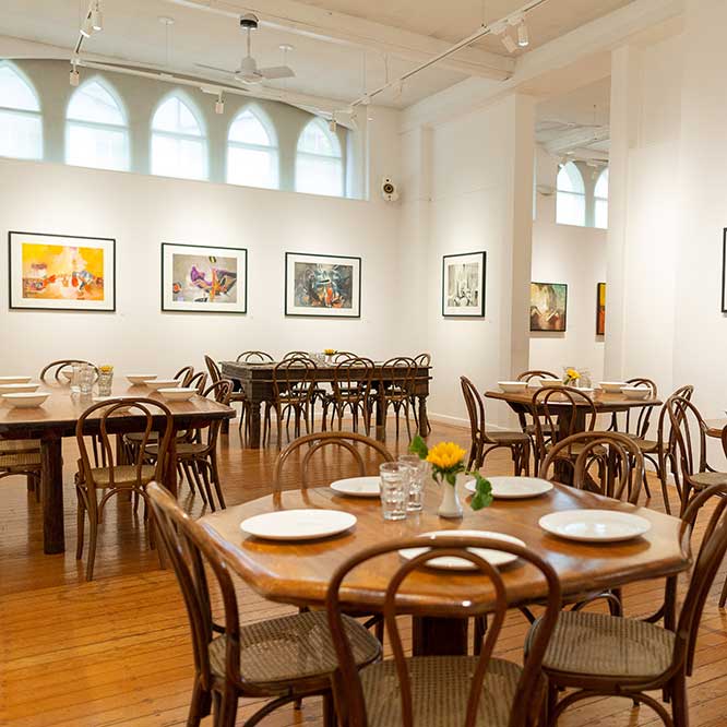 Refectory installed with the exhibition <strong>AUBREY WILLIAMS:<strong> <em>Future Conscious</em>, 2023.